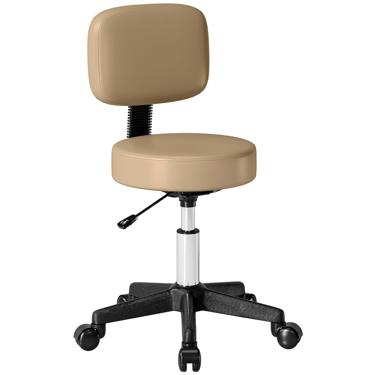 Rollhocker höhenverstellbar mit Rückenlehne 72-84 cm Hoch 360° Drehbar Arbeitshocker für Büro Salon Hellbraun