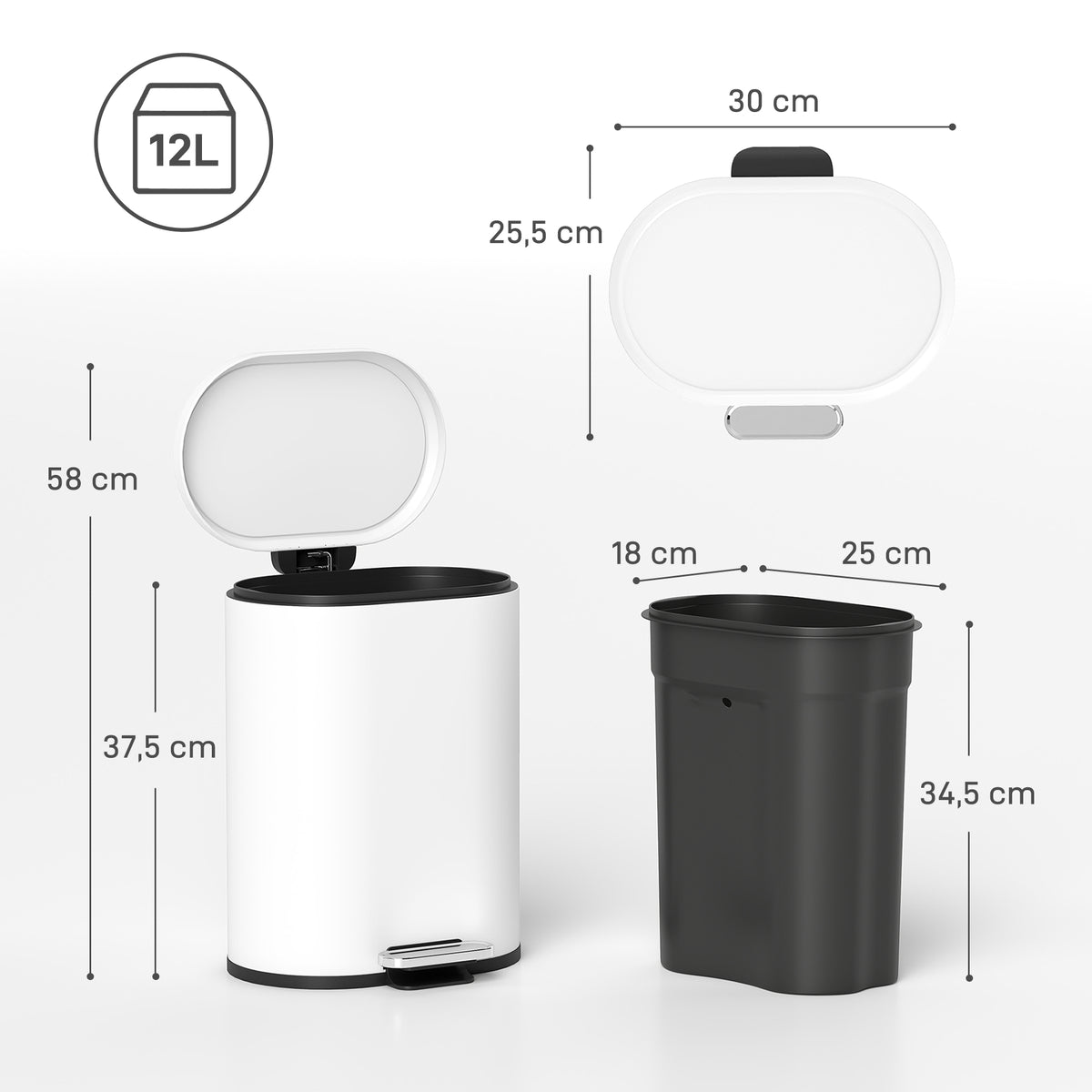 M¨¹lleimer 12L Treteimer Abfalleimer mit Deckel, Fu?pedal, Inneneimer, Soft-Close-Funktion, 30 x 25,5 x 37,5 cm, Wei?