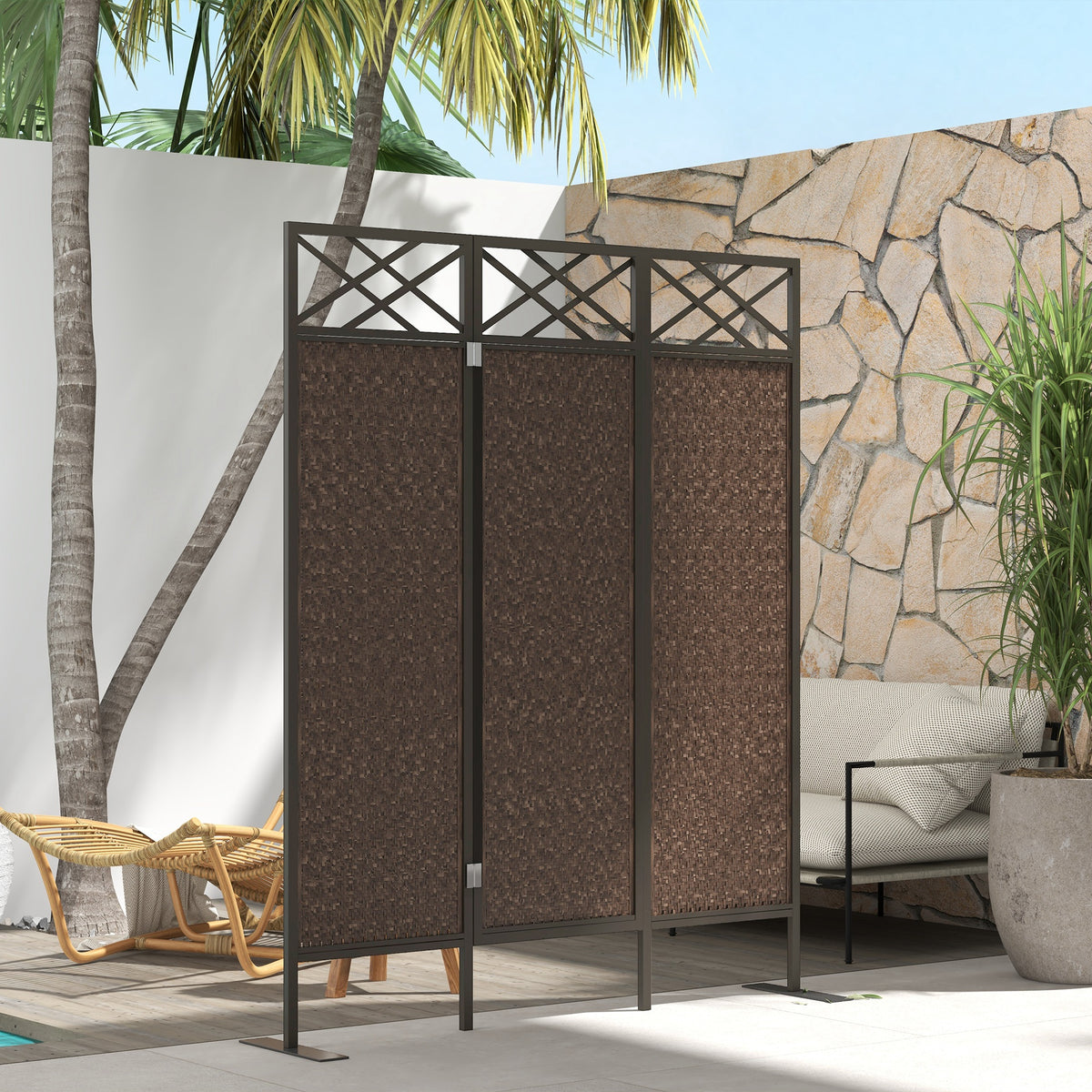 Raumteiler Paravant, Vintage-Design, 3-teilig, 148 cm x 33cm x 181 cm, Braun + Schwarz