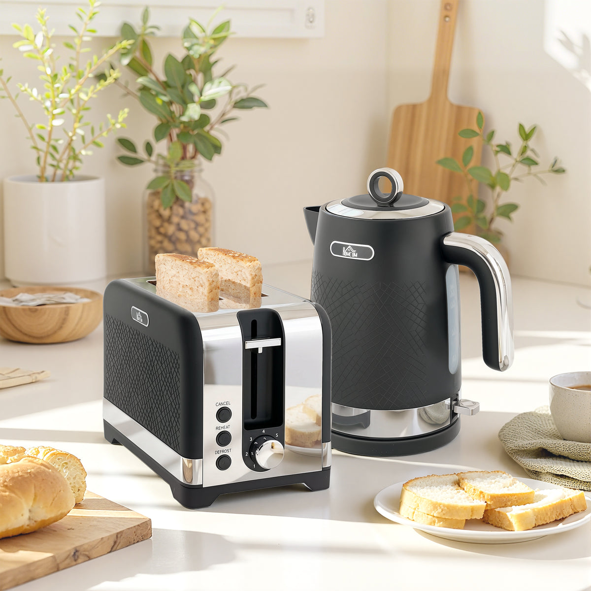 Wasserkocher- und Toaster-Set, 1,7 l 2200 W Schnellkoch-Wasserkocher mit Thermostat, 2-Scheiben-Toaster, Grau