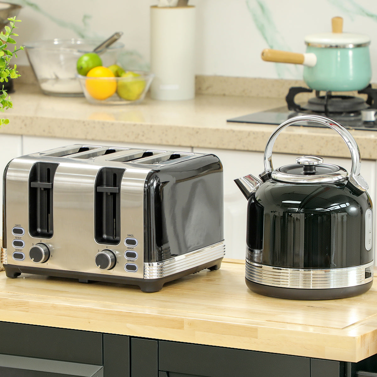 Wasserkocher- und Toaster-Set, 7 Br?unungsstufen, 1,7 L, Kunststoff, Edelstahl, Schwarz