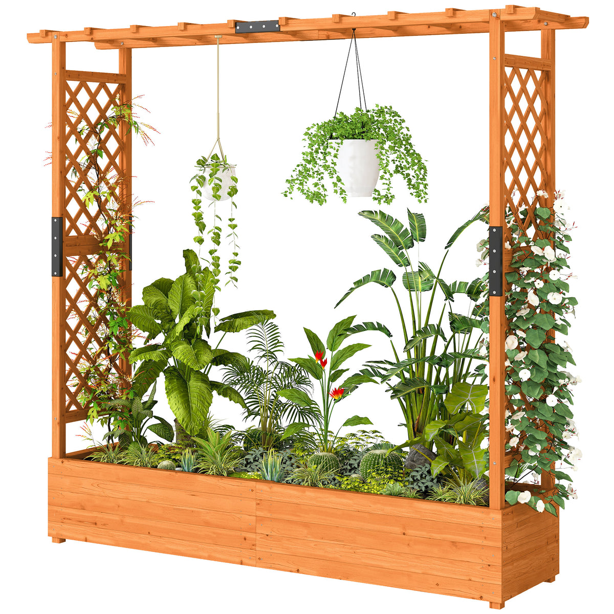 Hochbeet mit Rankengitter und Dach, f¨¹r Blumen, Obst, Gem¨¹se, Kr?uter, 196 x 44 x 181 cm, Holz, Orange