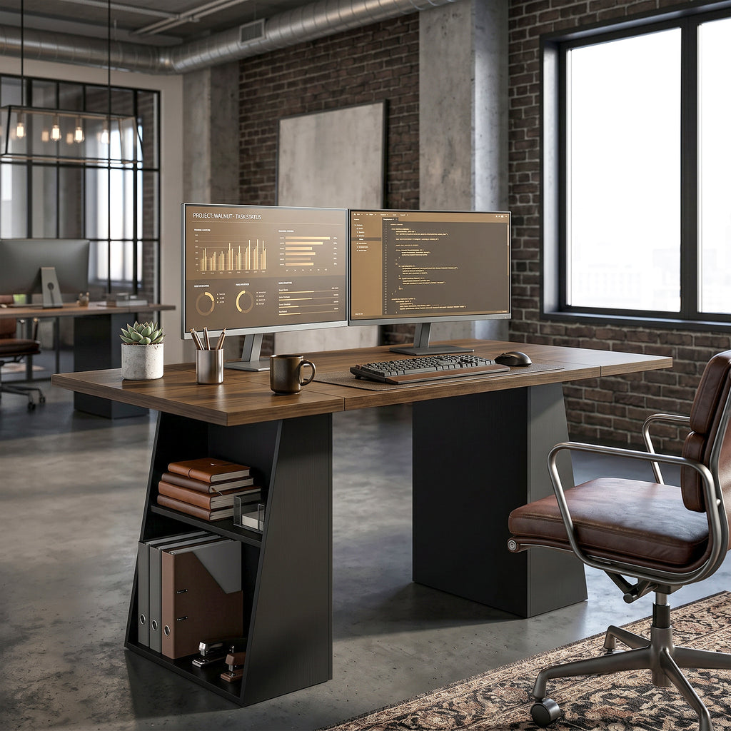 Schreibtisch mit 4 offenen Ablagen, Industrial Design, 140 cm, Braun-Schwarz