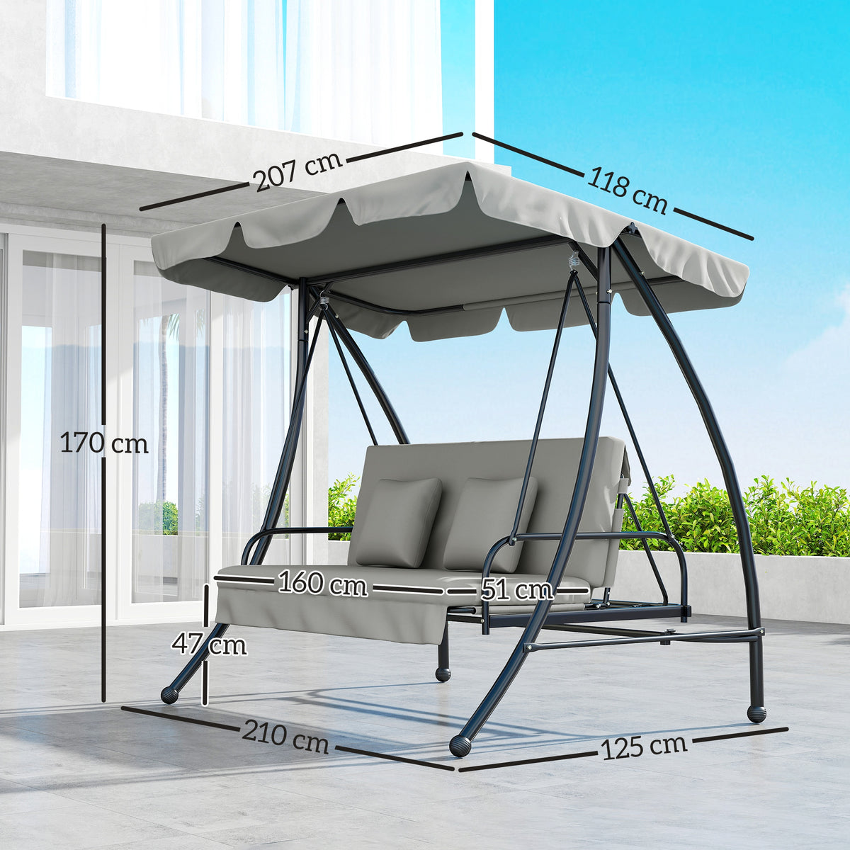 Hollywoodschaukel mit Lesefunktion, Gartenschaukel mit Baldachin, Outdoormöbel, Grau
