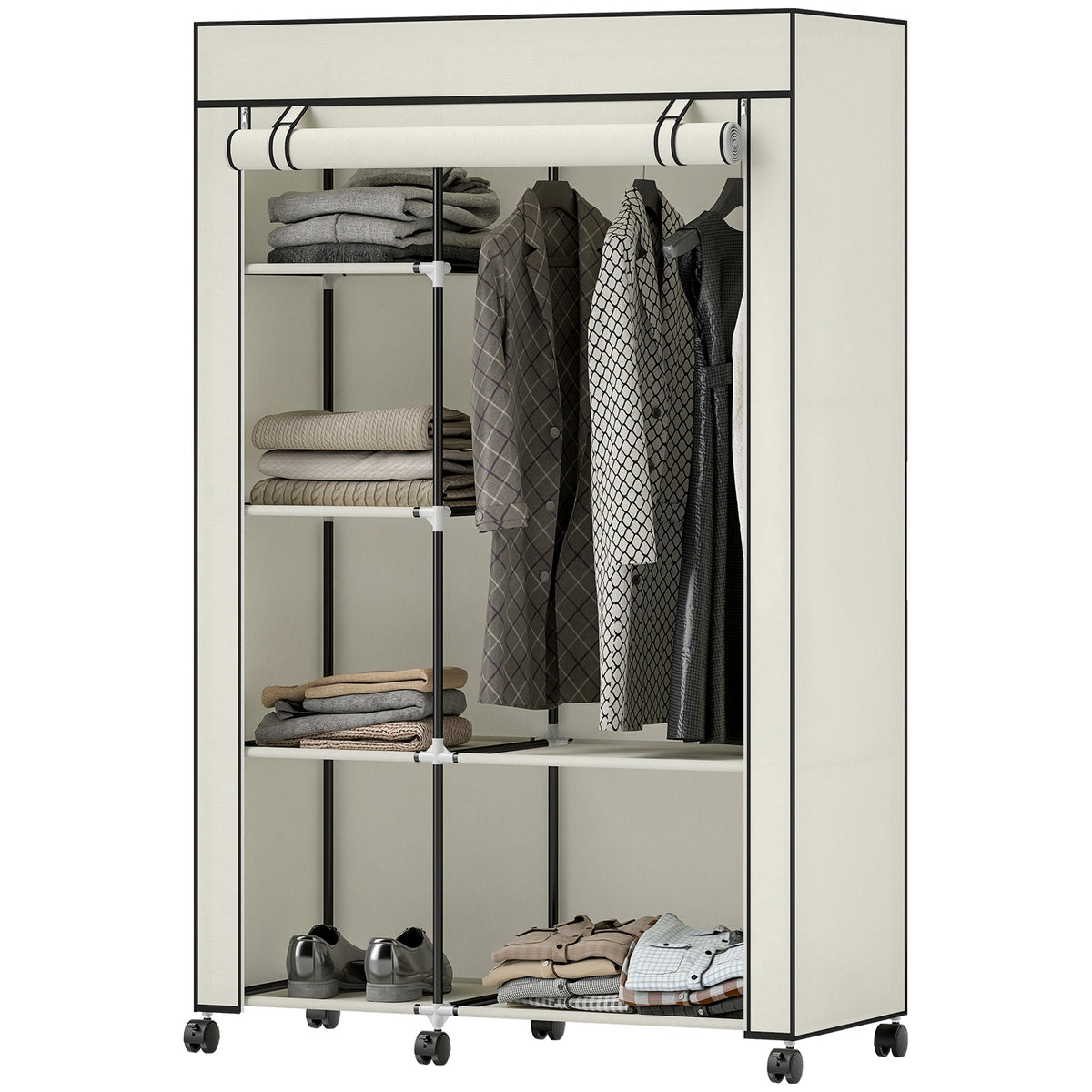 Schrank aus Stoff, Aufbewahrungslösung, 6 Regale, 1 Kleiderstange, Creme
