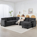 Ecksofa U-Form Sofa Couch mit Federpolsterung gepolsterte Armlehnen beweglicher Ottomane Cord 292x224x85 cm Dunkelgrau