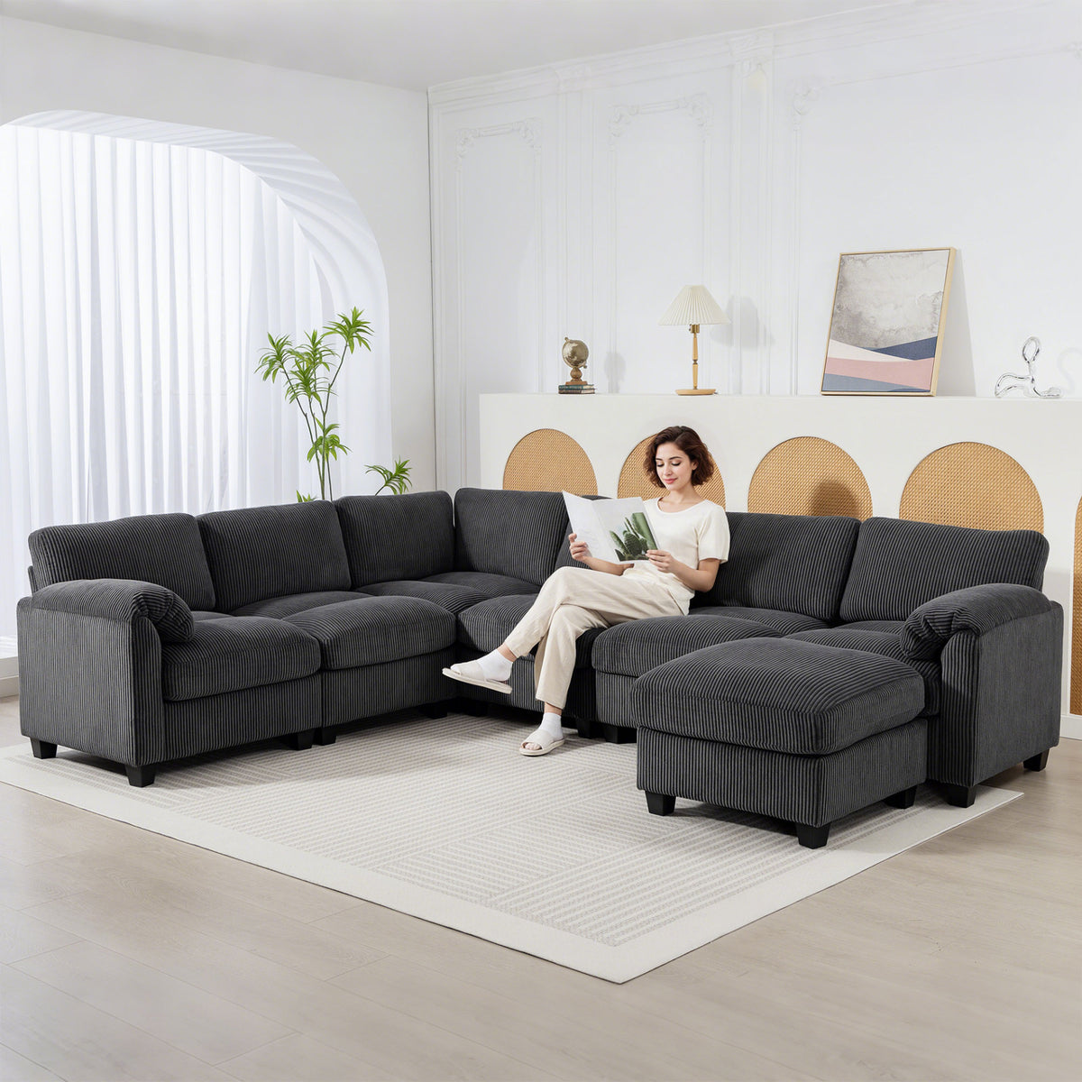 Ecksofa U-Form Sofa Couch mit Federpolsterung gepolsterte Armlehnen beweglicher Ottomane Cord 292x224x85 cm Dunkelgrau