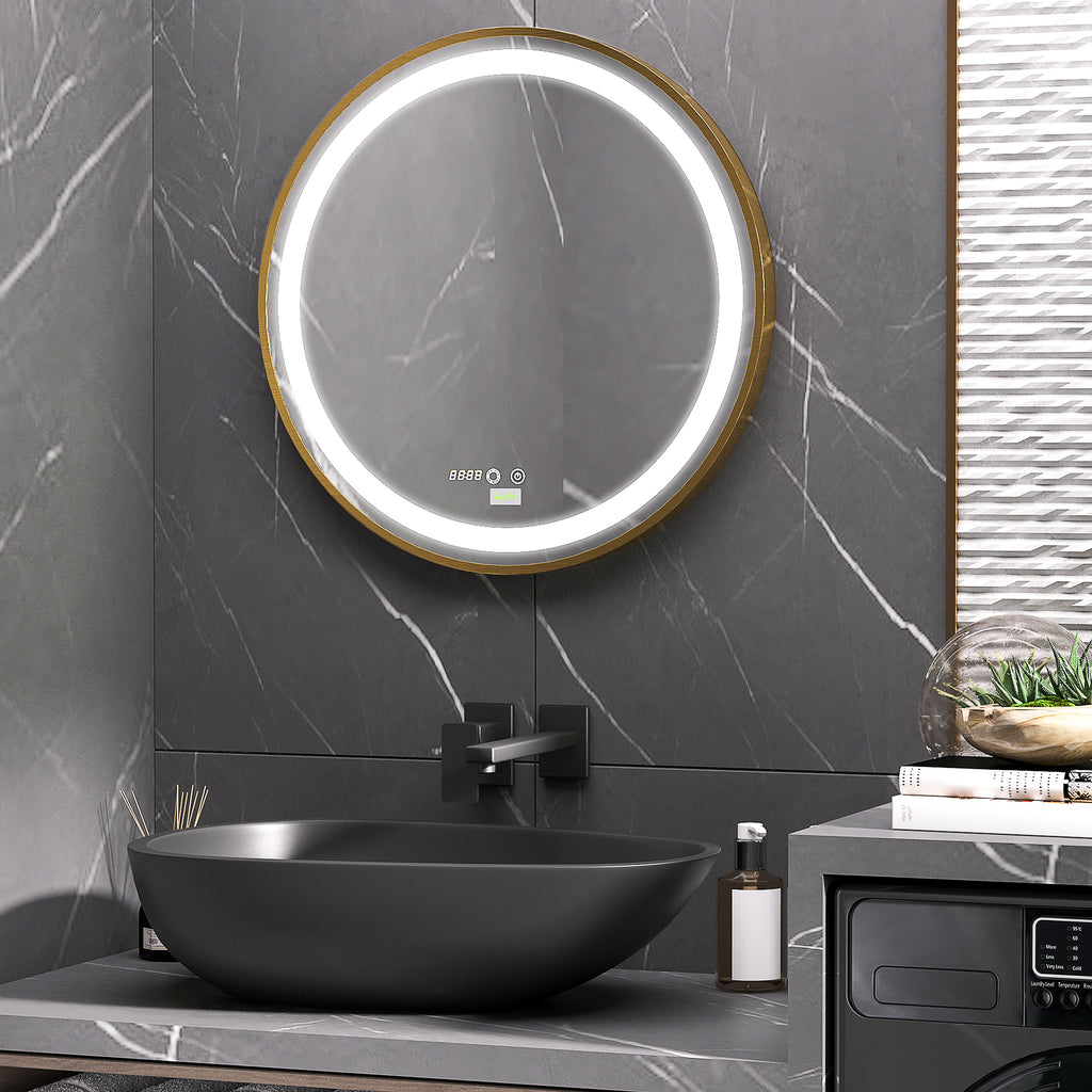 Round LED Bathroom Mirror, Dimmable Lighted Wall Mount Mirror with 3 Colours, Time Display, Memory Function, Hardwired