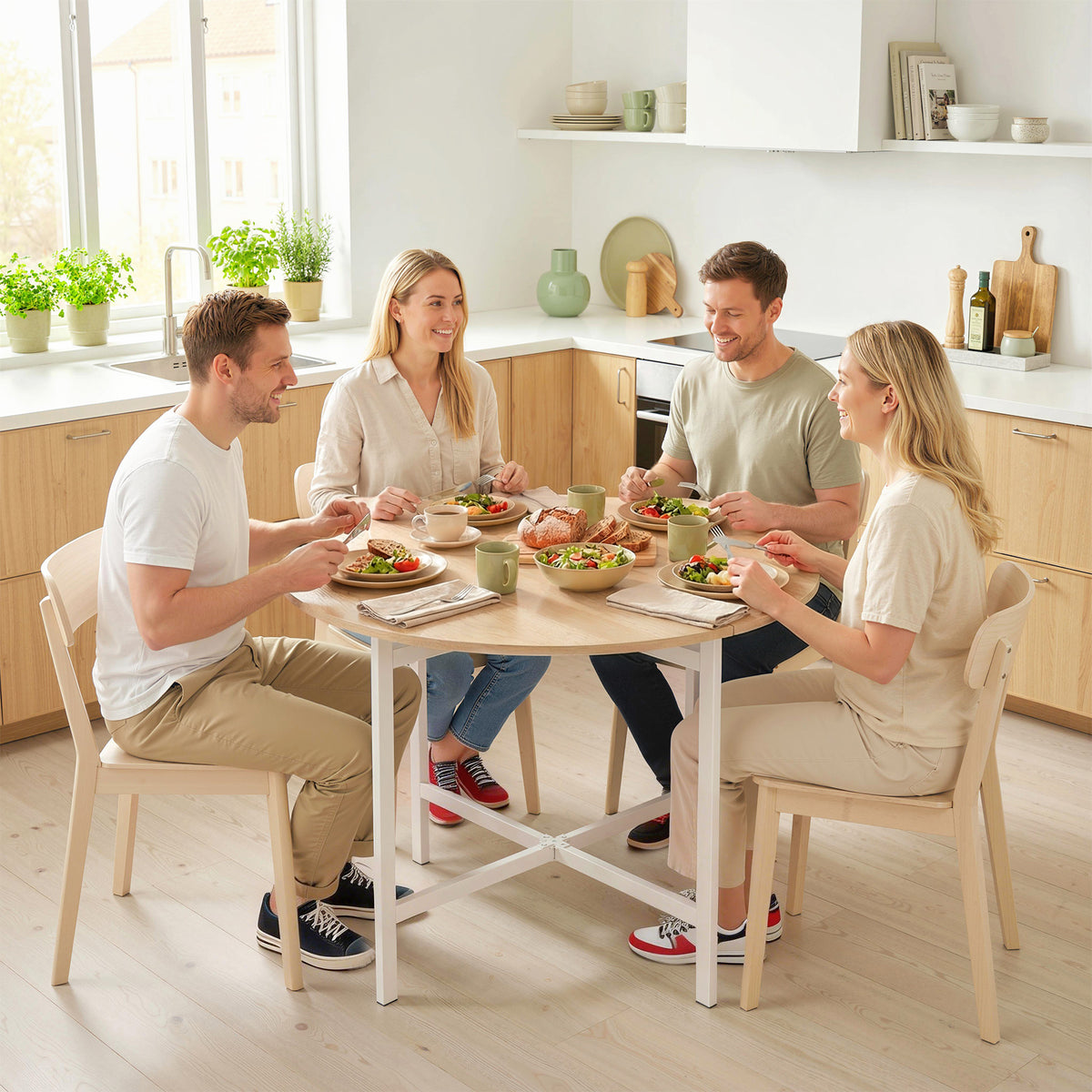 Klappbarer Esstisch, 80 cm Runder Klapptisch mit Stahlrahmen, Platz für 2-4 Personen, Naturholz-Optik