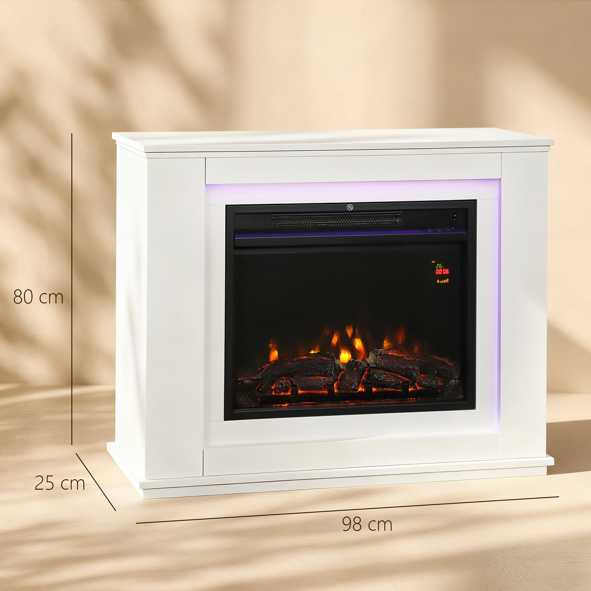 Elektrischer Kamin, realistische Flammen mit 12 Farben, 5 Helligkeitsstufen, Fernbedienung, Timer, Schwarz