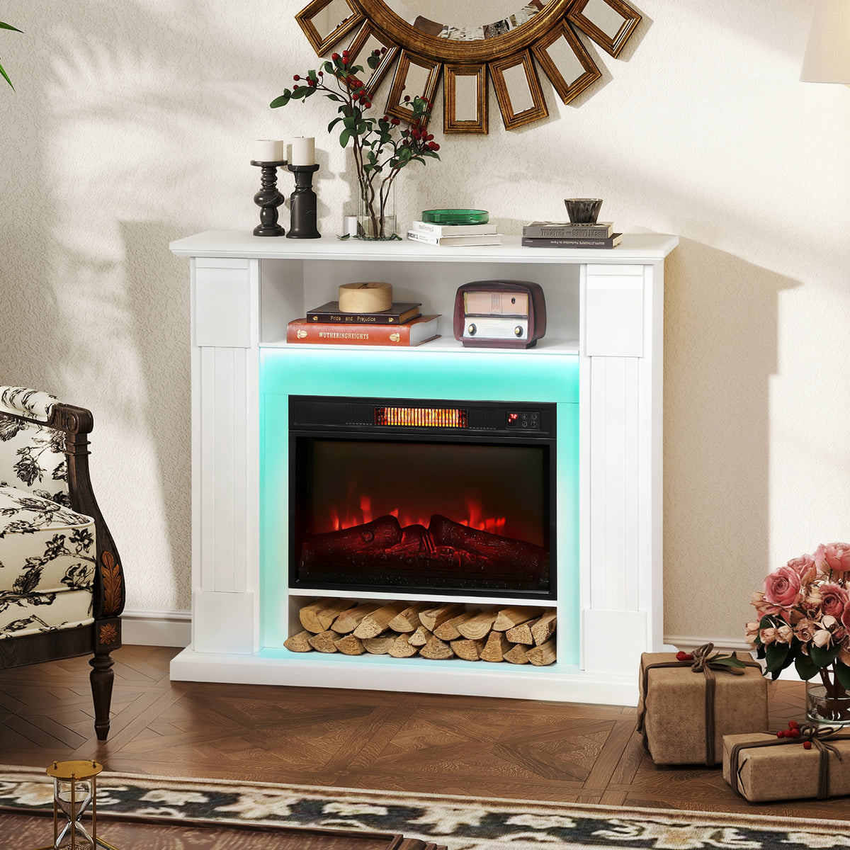 Elektrischer Kamin mit LED-Lichtern, realistischer Flammen-Effekt, 1800W, Kaminsims, 2 Fernbedienungen, Glas, Weiß