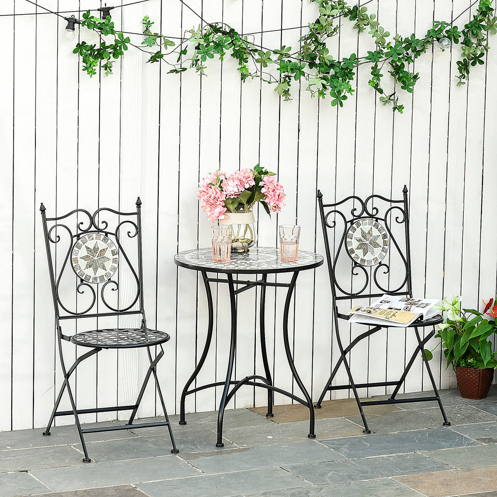 Garten Sitzgruppe für 2 Personen Balkonmöbel Set Mosaiktisch+faltbare Stühle Metall Keramikfliese Mehrfarbig