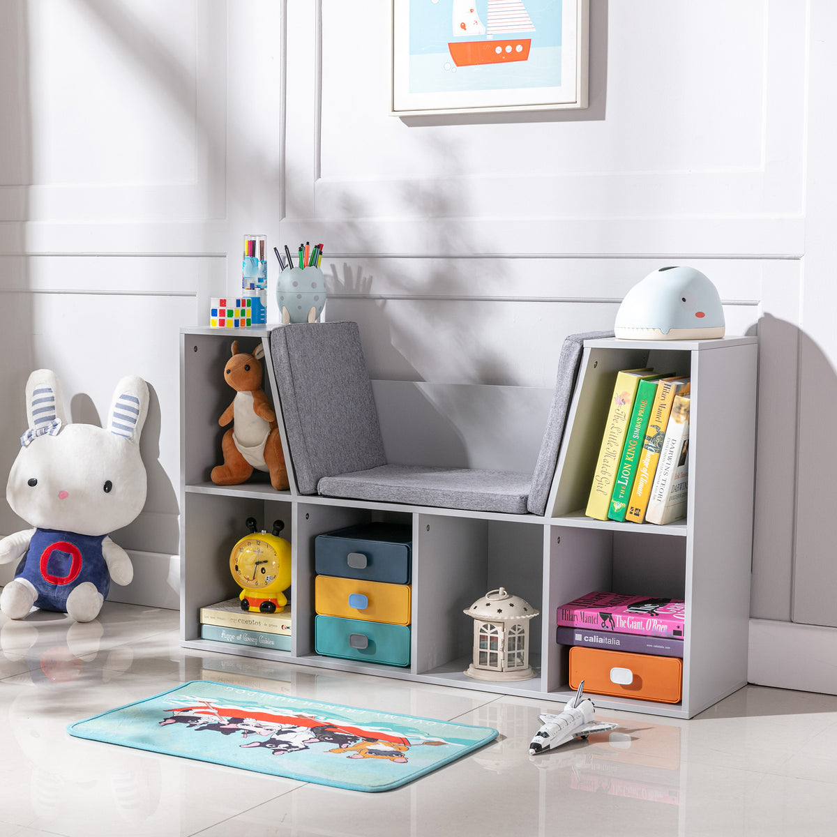 2-in-1 Kinderregal Regal + Sitzbank inkl. Polster 103 cm × 30 cm × 62 cm Weiß + Grau