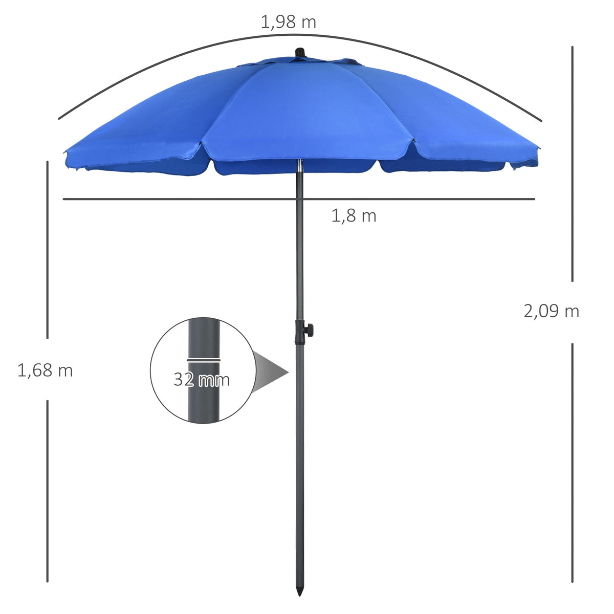 Strandschirm, Sonnenschirm, mit Bel¨¹ftungs?ffnungen, verstellbare Neigung, UV50+ ?1,80, Blau
