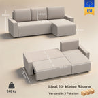 Ecksofa mit Schlaffunktion und umkehrbarer Chaiselongue, L-förmiges 3-Sitzer Sofa aus Veloursbezug, Beige