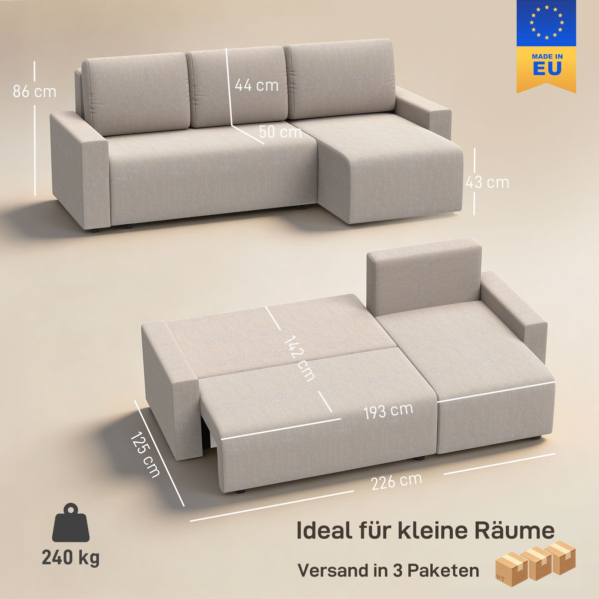 Ecksofa mit Schlaffunktion und umkehrbarer Chaiselongue, L-förmiges 3-Sitzer Sofa aus Veloursbezug, Beige