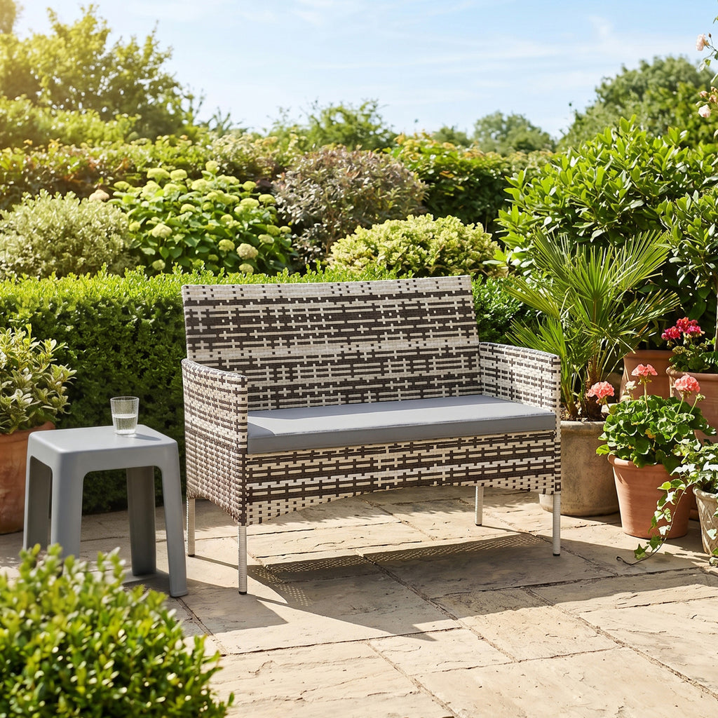 2-Sitzer Rattan Gartensofa PE-Rattan Outdoor-Terrassen-Sofa mit Polster, Anti-Rutsch-Matten, Stahlrahmen, Hellgrau