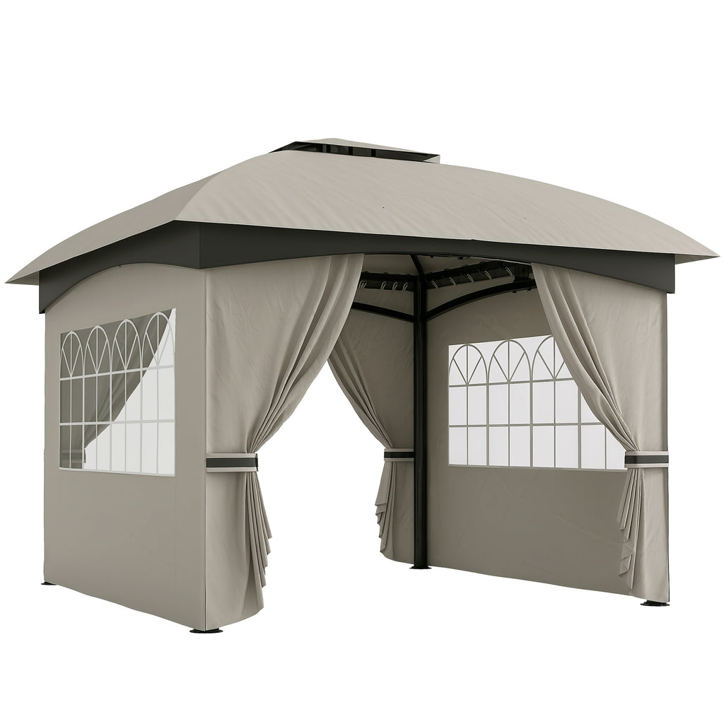 3,4 x 3,4 m Gartenpavillon, Bierzelt mit Lüftungsdach, Bogenfenstern, Stahlgestell, Hellgrau