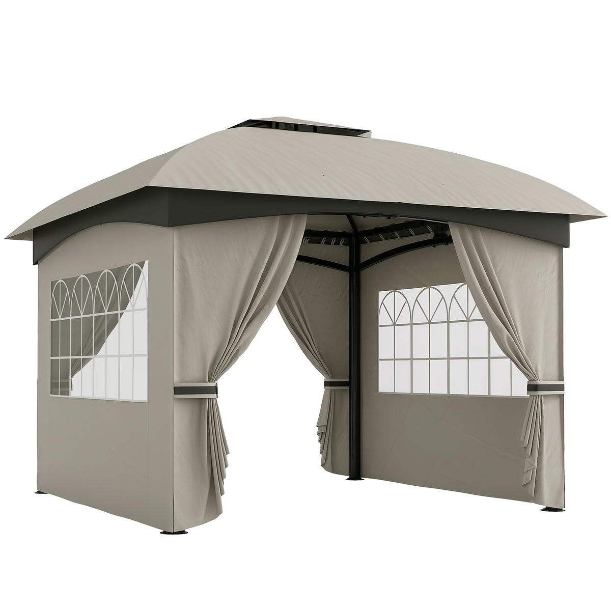 3,4 x 3,4 m Gartenpavillon, Bierzelt mit Lüftungsdach, Bogenfenstern, Stahlgestell, Hellgrau