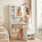 Schminktisch mit Spiegelschrank, LED-Beleuchtung, 2 Schubladen, Weiß