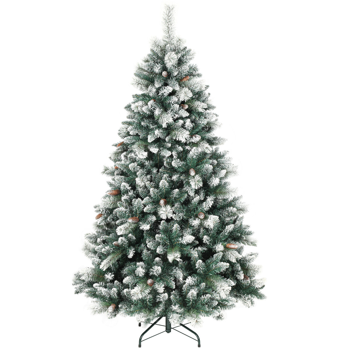 Künstlicher Weihnachtsbaum 180 cm künstlich Tannenbaum mit Schnee, 1000 Spitzen 34 Tannenzapfen Breite Basis