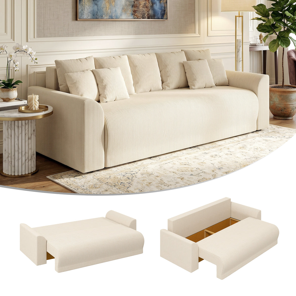 Schlafsofa 230 cm 3-Sitzer Sofa mit Schlaffunktion, Kissen, Stauraum, Cord-Optik für Wohnzimmer, Beige