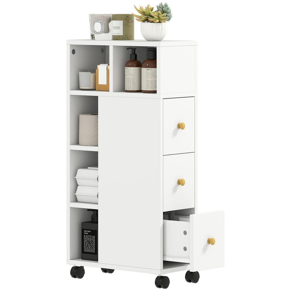 Badezimmerschrank Schmal, Badschrank mit 4 Rollen, 3 Schubladen, 5 offenen F?chern, 20x40x80cm, Wei?
