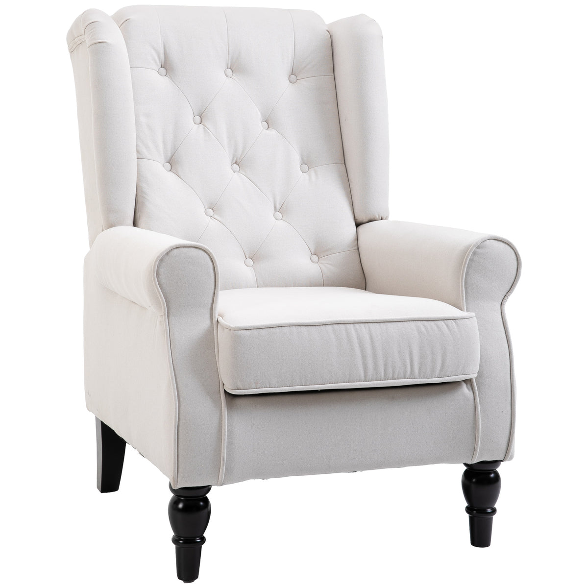 Ohrensessel Relaxsessel Sessel, Vintage-Design, Knopfheftung, gedrechselte Beine, 74 cm x 86 cm x 102 cm, Cremeweiß
