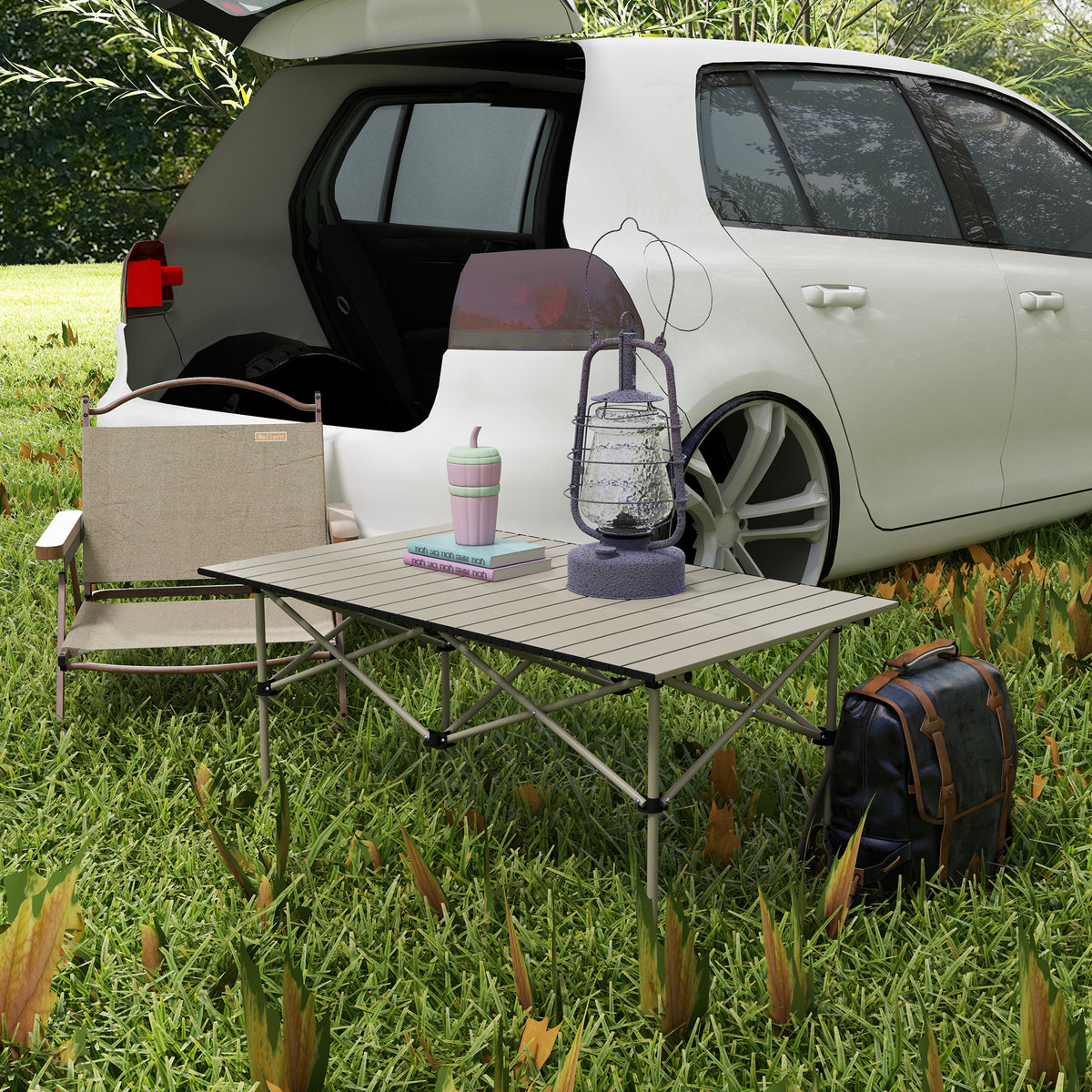 Two-Seater Portable Aluminium Table, with Roll-Up Tabletop and Bag - Khaki