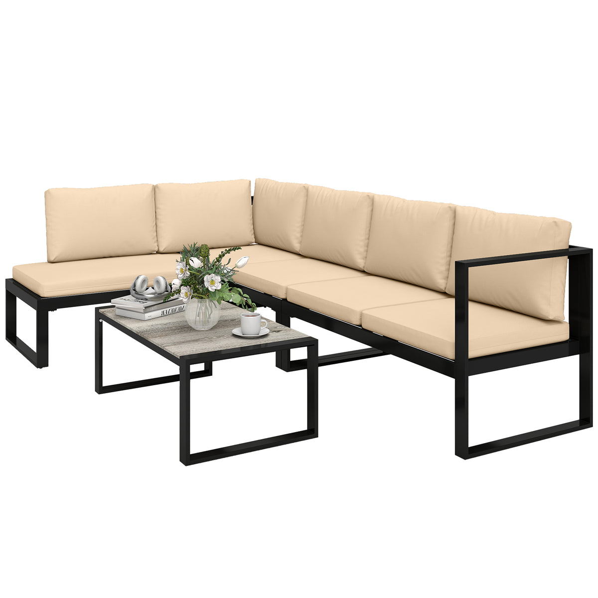 4-teiliges Gartenmöbel-Set, Sofa-Set mit 2 Zweisitzern, armloser Stuhl, Couchtisch, für Balkon, Khaki