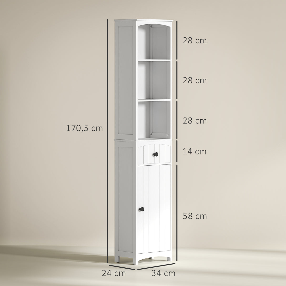 Badezimmerschrank mit 3 Regalen, 1 Schublade, robust, MDF, Wei?