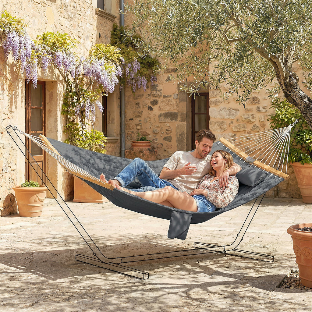 Double Hammock 2 Person Swing Bed with Spreader Bars, Pillows, Pad, 200 x 140cm, Grey