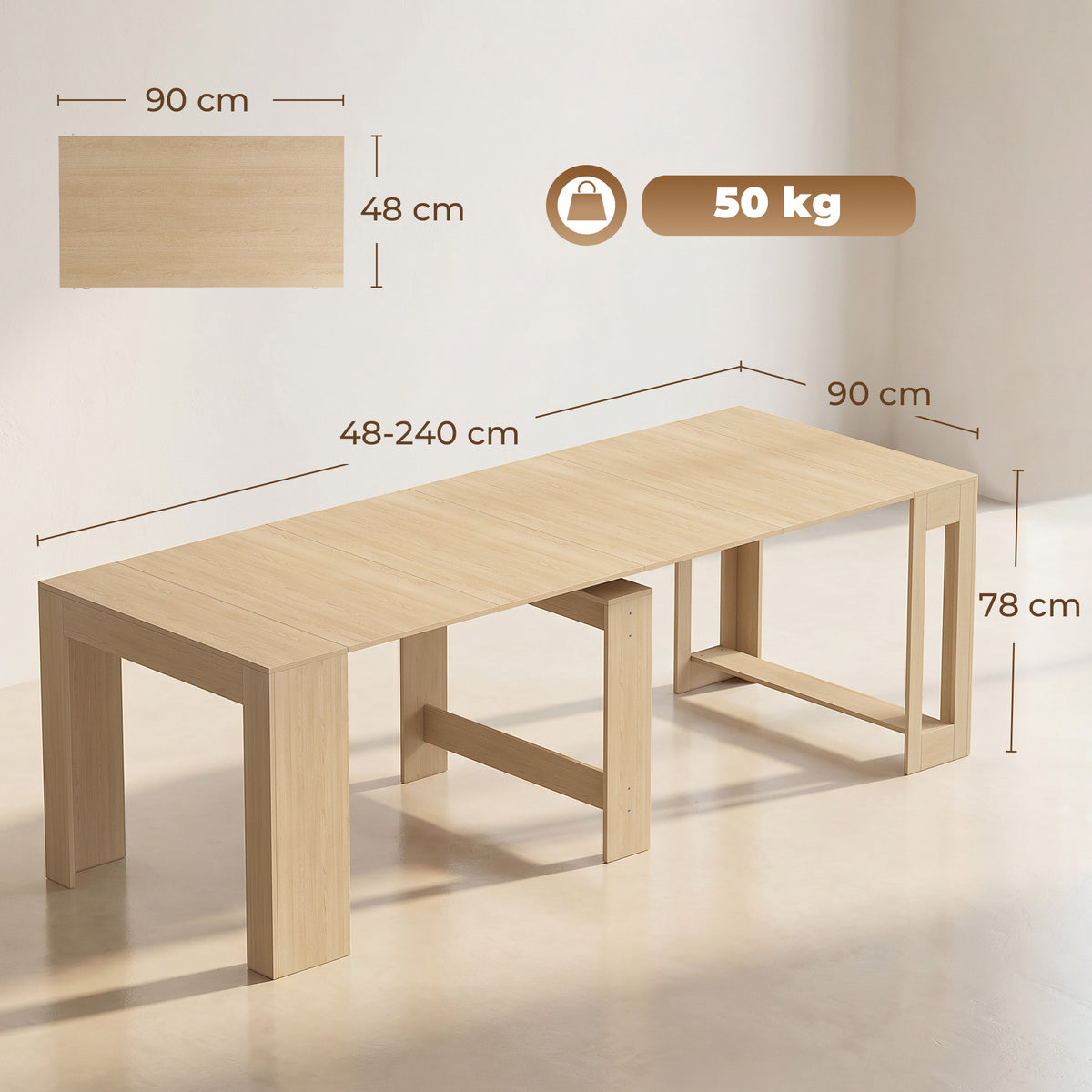 Ausziehbarer Esstisch für kleine Räume, wandelbar zur Konsole, Sitzplätze für 10 Personen, Holzoptik Hellbraun