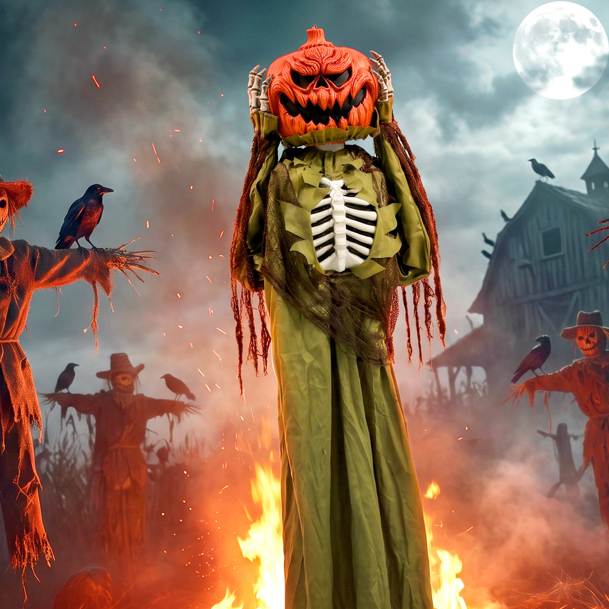Animiertes Pop-up-Kürbis-Skelett, 173 cm, gruselige Halloween-Deko mit Licht sowie Sound- und Berührungsaktivierung