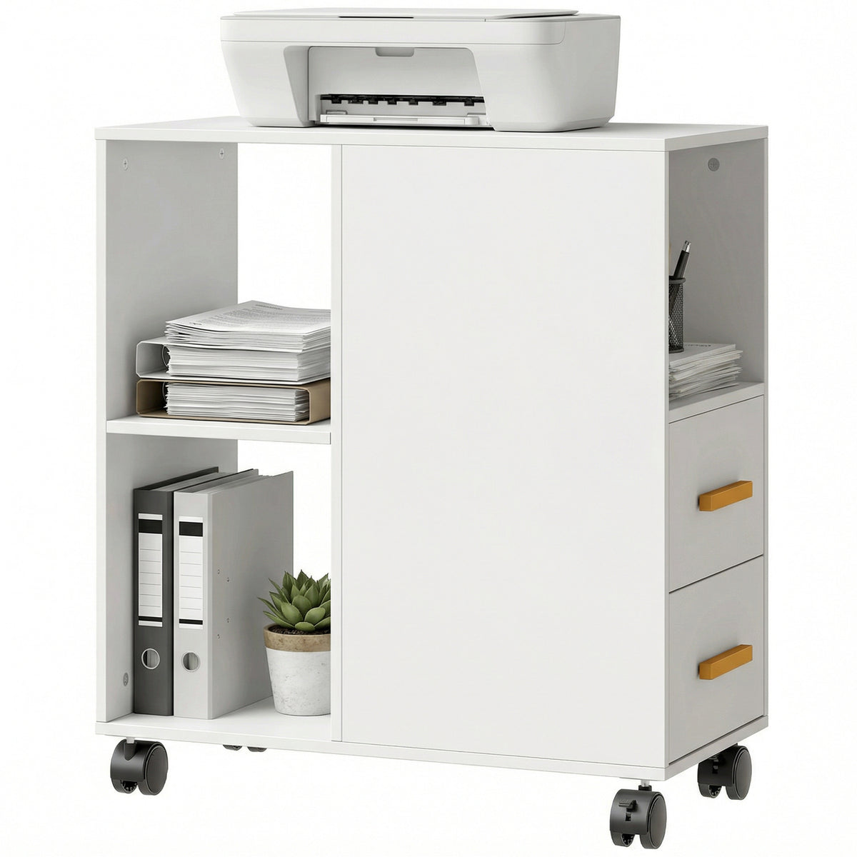 Druckerständer Druckertisch mit Verstellbar Ablage, Rollen für Fax Scanner 60 x 30 x 65 cm Weiß