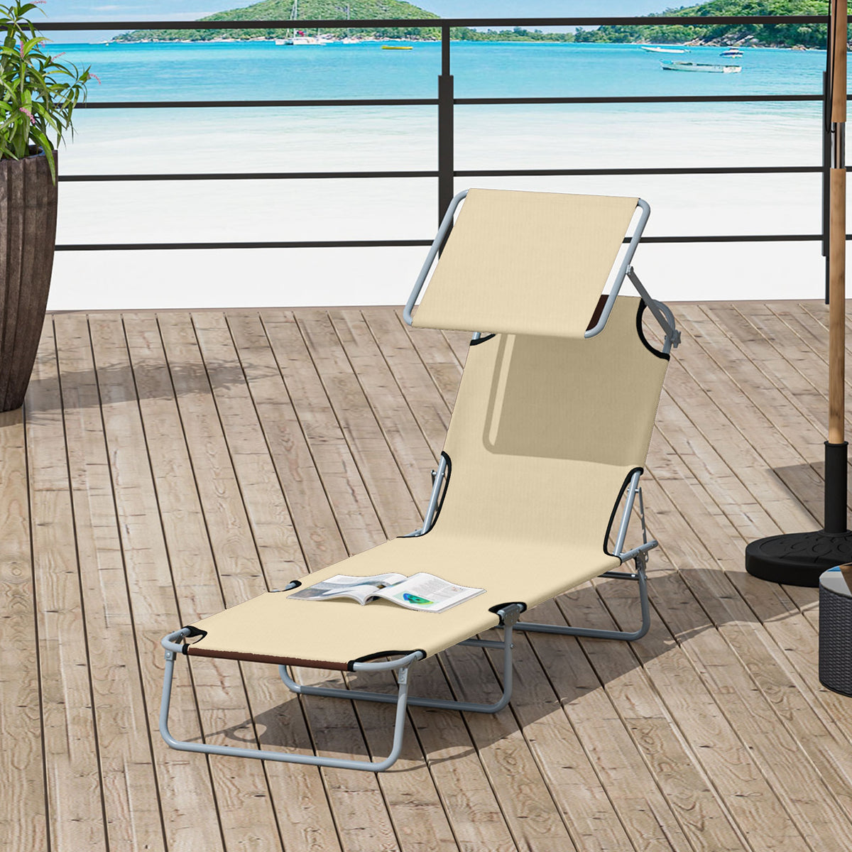 Folding Sun Lounger with Canopy, Reclining Sunbed with 4-Position Adjustable Backrest, 600D Oxford Cloth, Portable Garden Lounger Recliner Chair for Beach, Camping, Patio, Beige