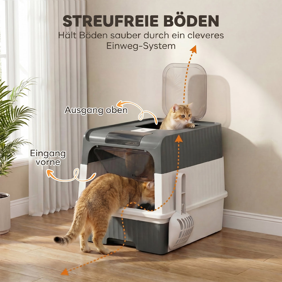 Enclosed Cat Litter Box with Lid, Pull-Out Drawer Tray, Scoop, 4 Deodorisation Bags, Front Entry & Top Exit, Grey