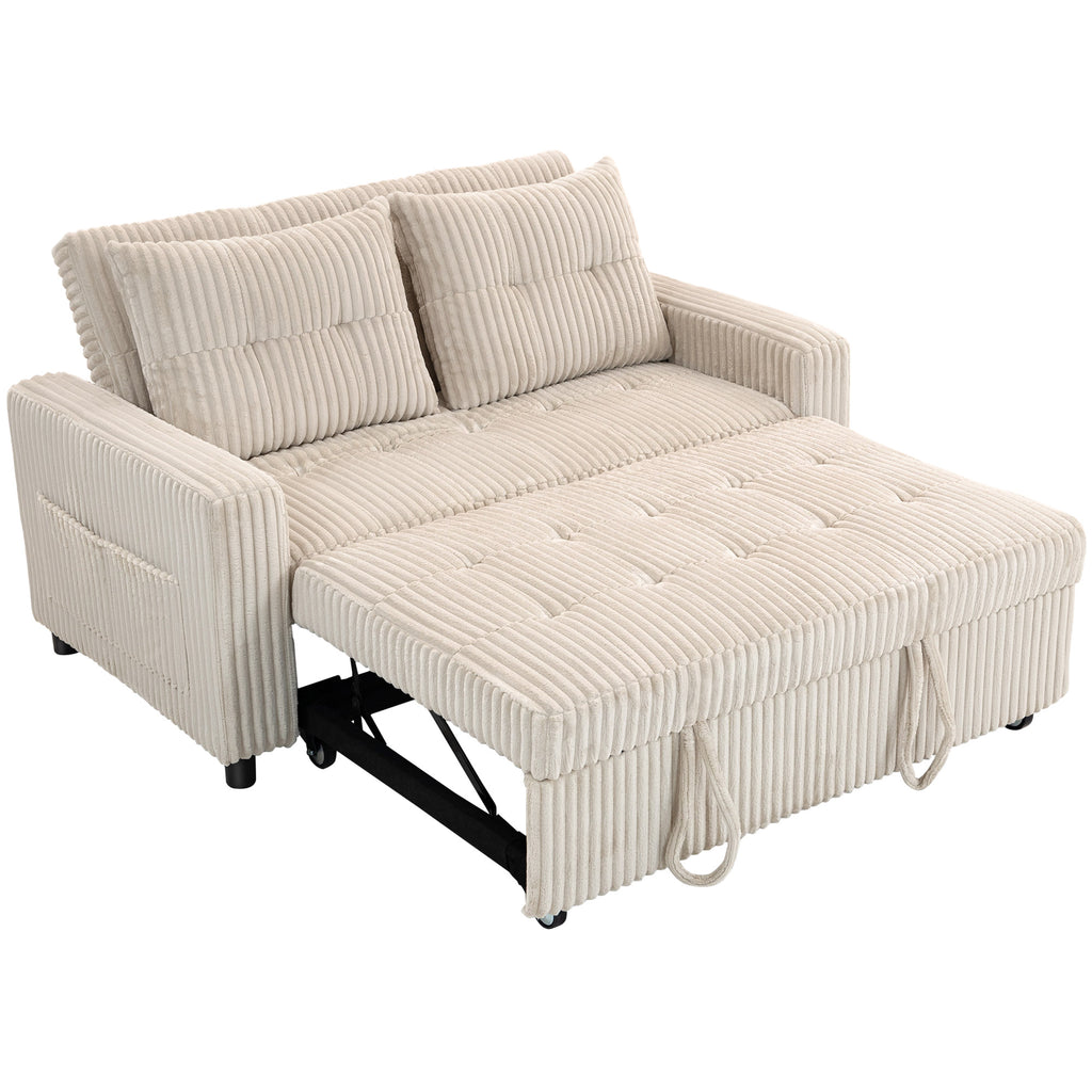2-Sitzer Sofabett, Cordbezug, zum Schlafsofa umwandelbar, 2 Kissen, Seitentaschen, 157 x 190 cm, Cremeweiß