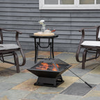 Feuerschale 45 x 45 x 34cm aus Edelstahl Feuerstelle mit Funkenschutz Schürhaken Feuerschalen Feuerkorb für Garten, Balkon, BBQ Camping Schwarz