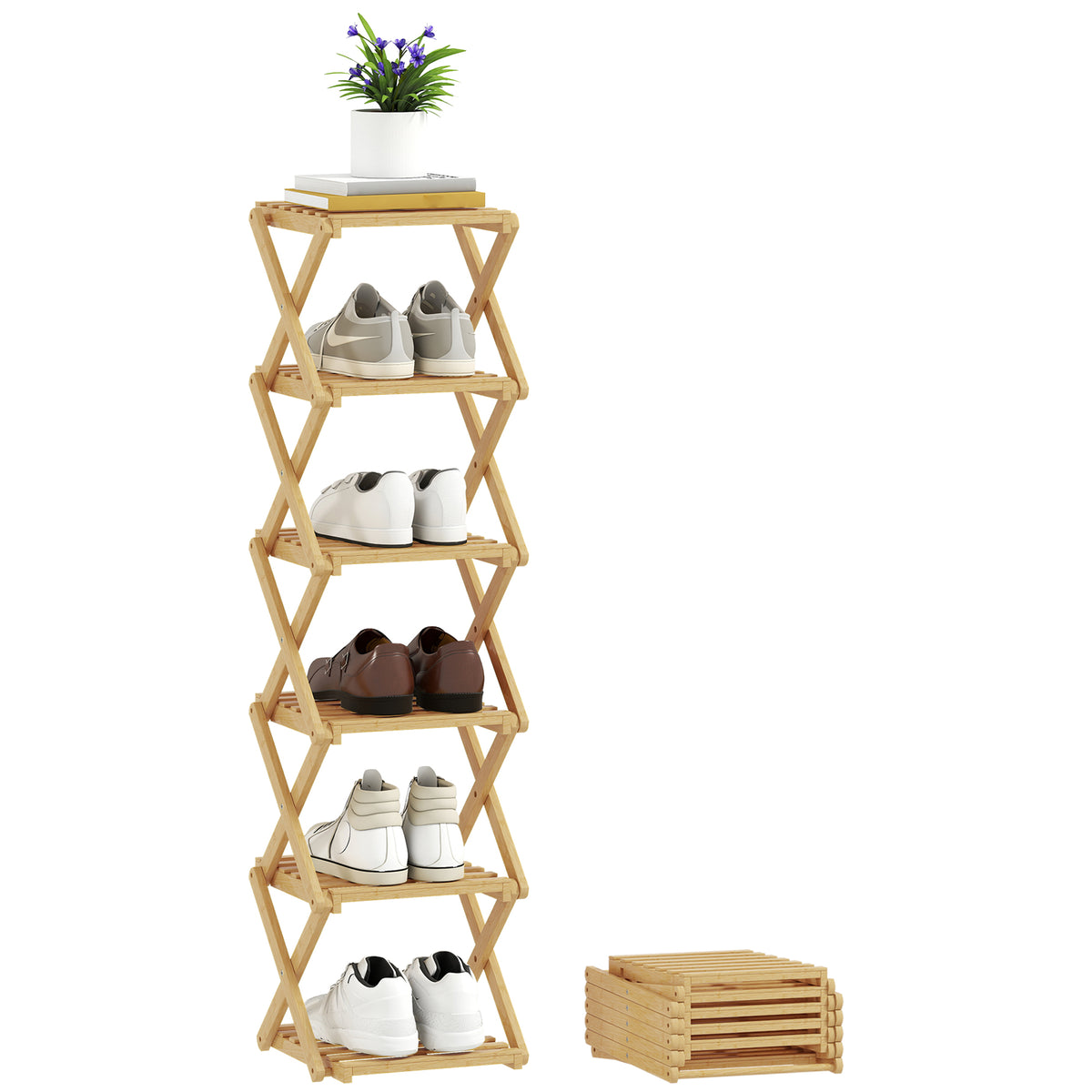 Schuhregal, klappbar Schuhst?nder mit 6 Ebenen aus Bambus, f¨¹r max. 9 Paar Schuhe, 30 x 29 x 108 cm, Natur