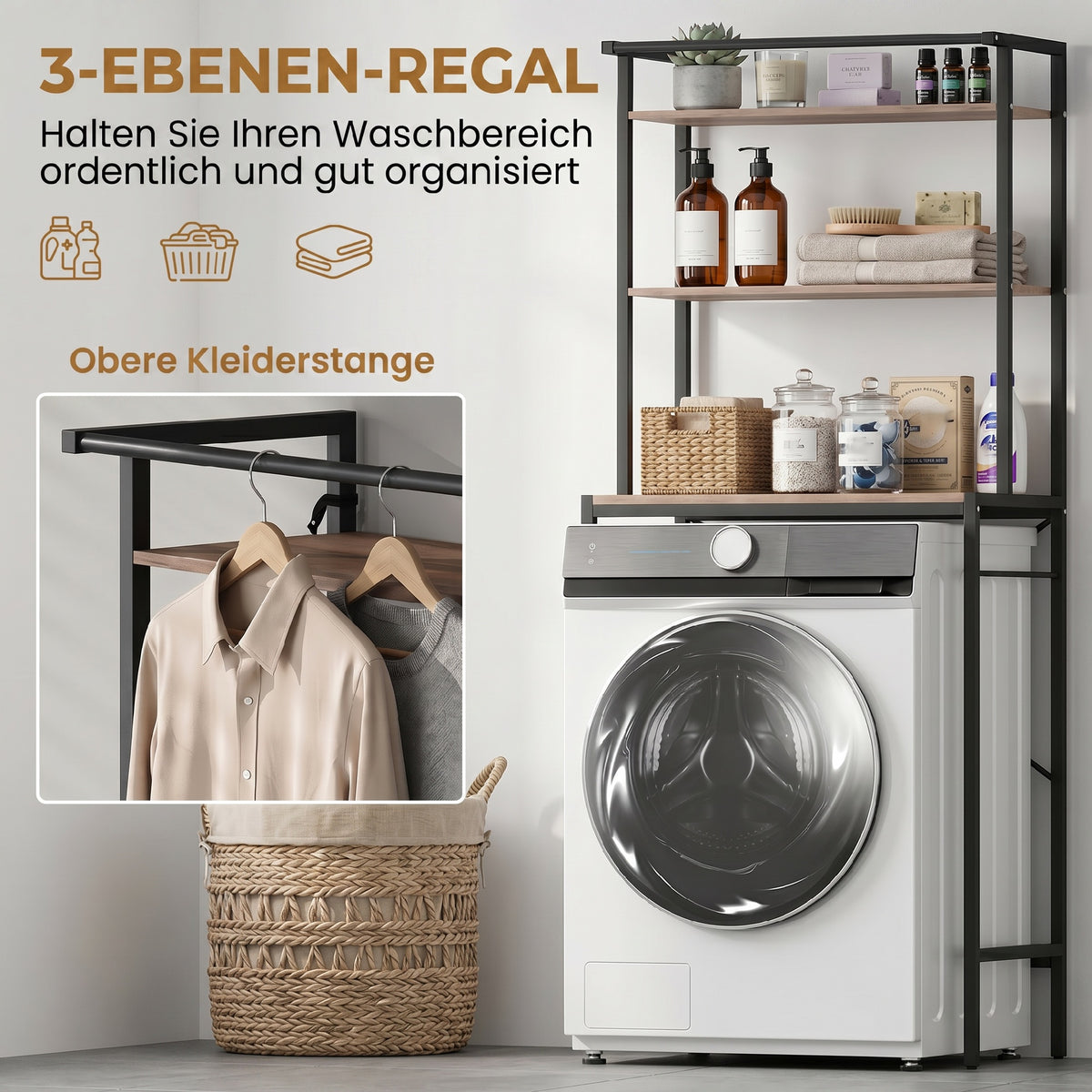 Waschmaschinenregal mit Trockenstange 3 Ebenen 67x4 x161,8cm Braun
