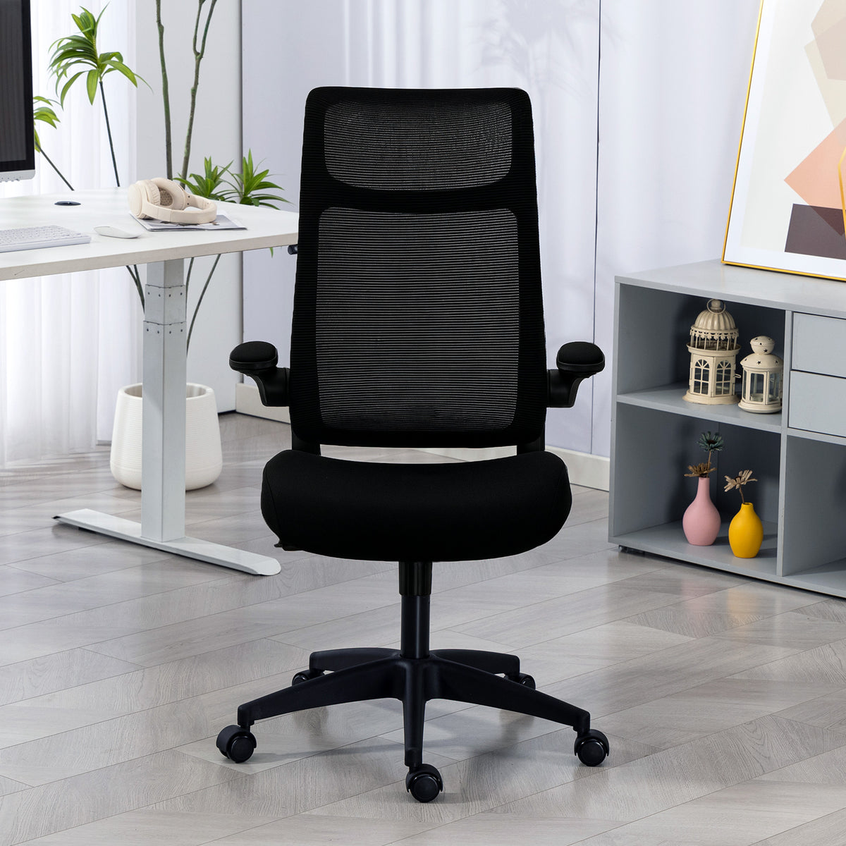 Ergonomischer B¨¹rostuhl mit 3D-Armlehnen, Netzstoffr¨¹cken, S-f?rmige R¨¹ckenlehne, Kopfst¨¹tze, Kippfunktion, Schwarz