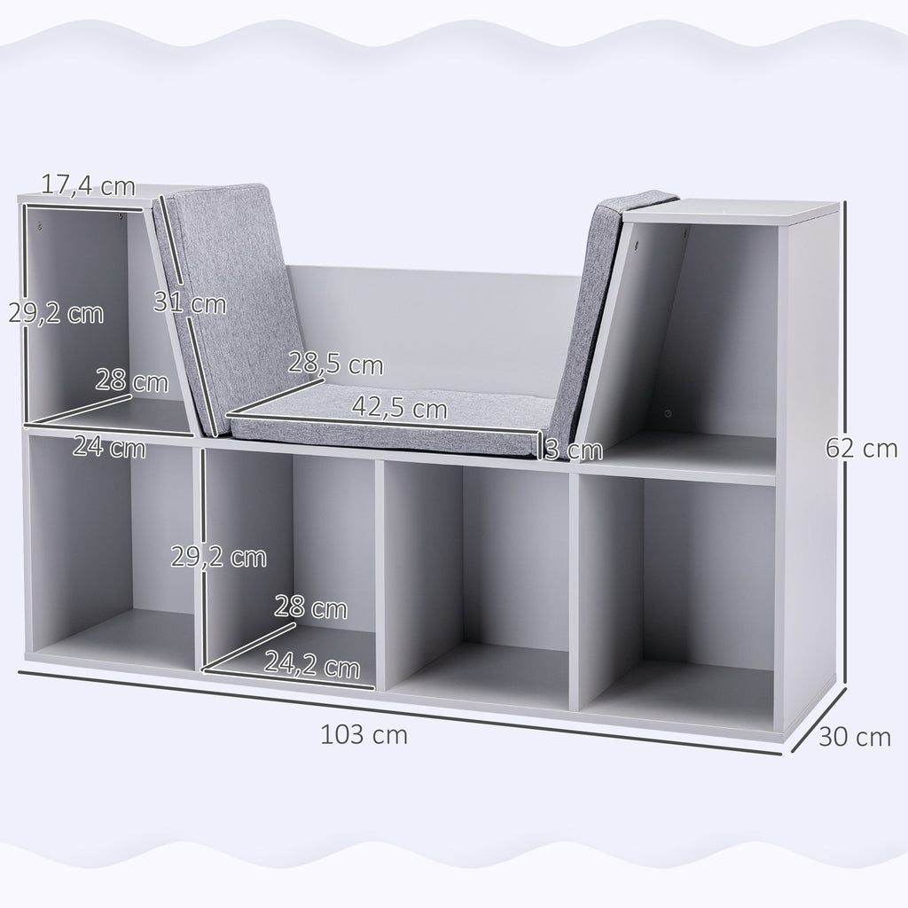 2-in-1 Kinderregal Regal + Sitzbank inkl. Polster 103 cm × 30 cm × 62 cm Weiß + Grau