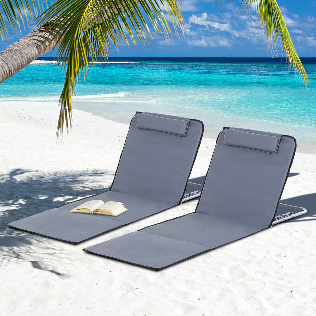 Sonnenliege klappbar Gartenliege mit Kopfkissen Strandmatte mit 5-Fach verstellbare Rückenlehne Strandliege mit Tragetasche für Garten Urlaub Outdoor Strand Pool, Grau