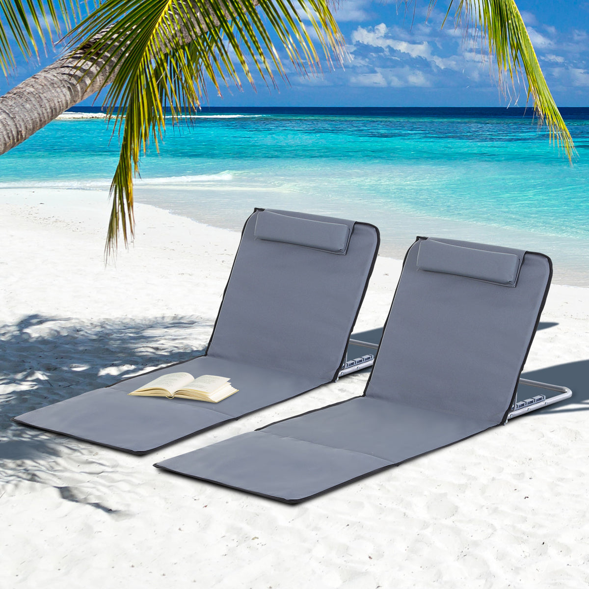 Sonnenliege klappbar Gartenliege mit Kopfkissen Strandmatte mit 5-Fach verstellbare Rückenlehne Strandliege mit Tragetasche für Garten Urlaub Outdoor Strand Pool, Grau