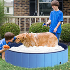  Dog Paddling Pool, Foldable Dog Pool, Leakproof & Hard Plastic, Portable Pet Bathtub with Non-Slip Base & Drainage Hole, for Indoors, Outdoors, Garden, Patio, 140 x 30 cm, Blue