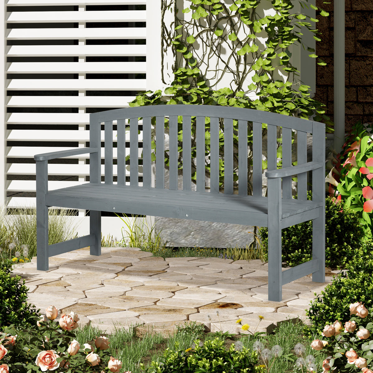2-Sitzer Gartenbank Holz, wetterfest Sitzbank, Gartenmöbel mit Rückenlehnen, 240 kg belastbar 143 x 51 x 85 cm, Grau