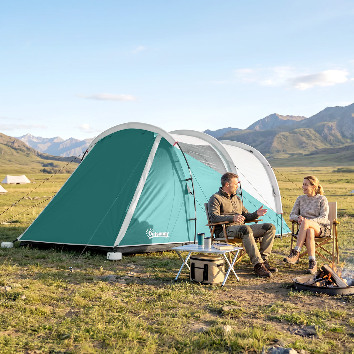 Three-Man, 3000mm Water-Resistant Two-Room Tunnel Tent - Green