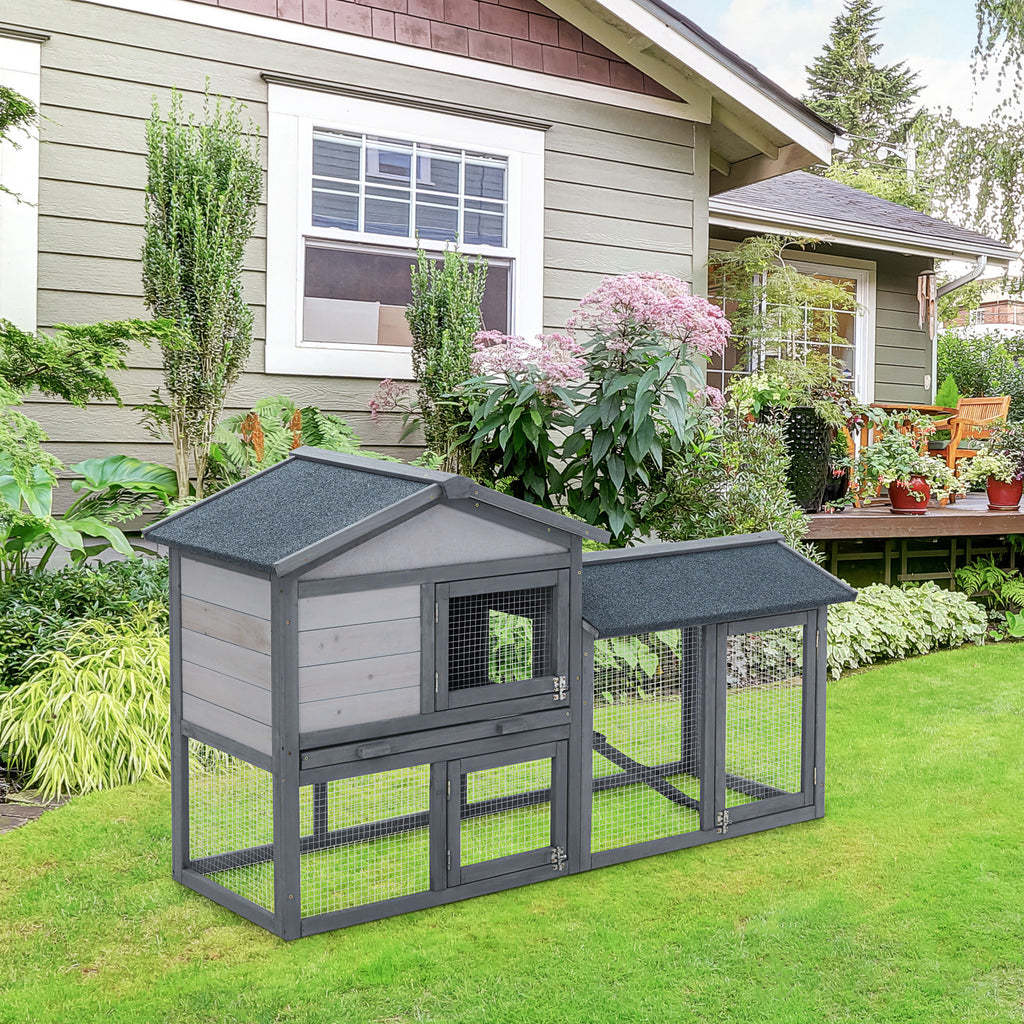 Wooden Rabbit Hutch Outdoor, Double Tier with Water-Resistant Roof, Ramp 147 x 54 x 84 cm, Grey