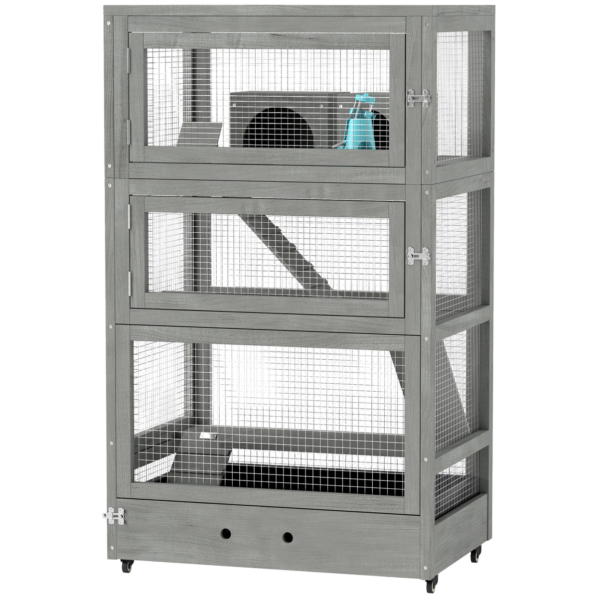 4-stufiger Hamsterkäfig aus Holz, mit Hütten, Wippe, Futterschalen, Rampen, Rollen, 65 x 45 x 109 cm, Grau